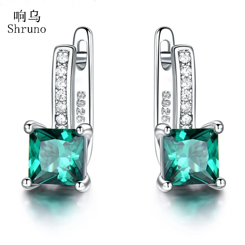 

Shruno Created Green Emerald Gemstone Clip Earrings for Women Solid 925 Sterling Silver Trendy Romantic Fashionable Jewelry Gift