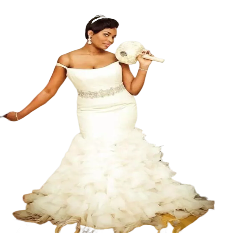 

Off the Shoulder Beaded Belt Mermaid Wedding Dresses Vestidos Noiva Sweep Train Organza Multi-Layers Bridal Gowns