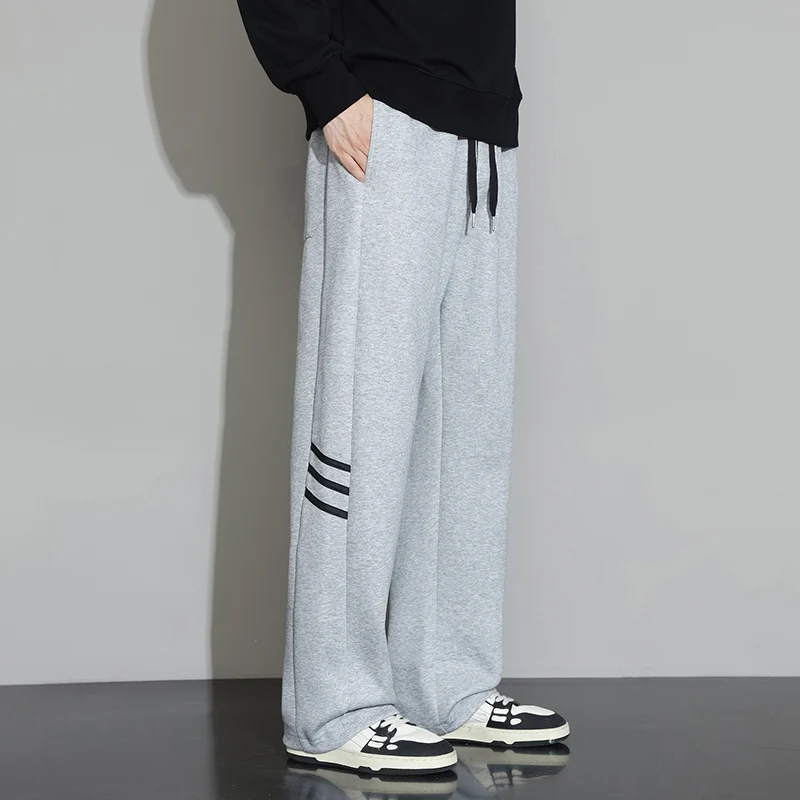 Men's Solid Spring Autumn Elastic High Waisted Pockets Striped Harlan Casual Loose Workwear Sports Trousers England Style Pants