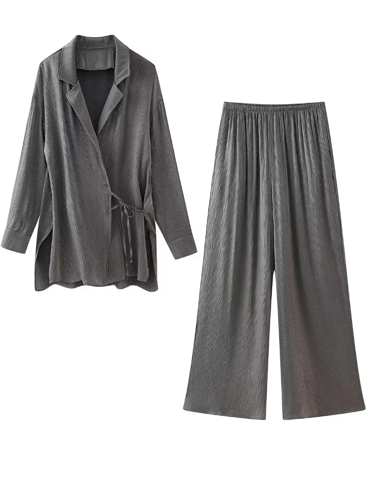 

Пижама для женщин, свободное серое пальто на шнуровке, винтажные брюки с высокой эластичной талией, комплекты одежды