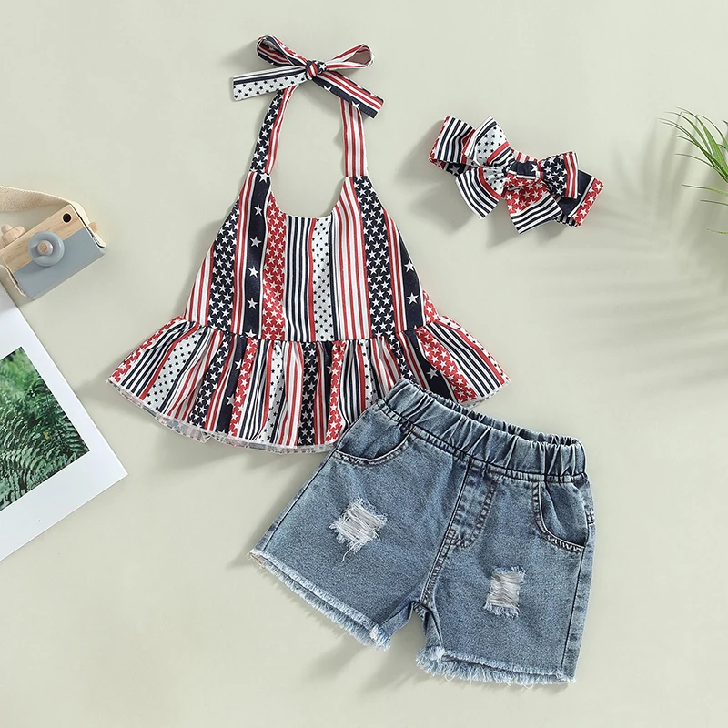 

2023-04-01 Lioraitiin 0-4Years Toddler Kid Girl 3Pcs Independence Day Clothes Sleeveless Vest Tops Short Denim Pants HeadBand