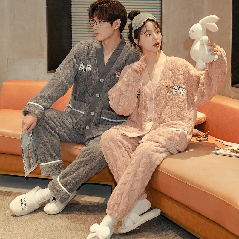 Japan Kimono Sweet Couples Winter Thicken Flannel Pajamas Set Men and Women Matching Nightwear Coral Fleece Home Clothes flannel pajamas lovers couples ladies autumn and winter coral fleece thickened home clothes warm suits embroidered men s pajamas