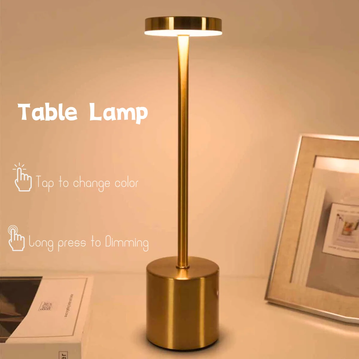 Recarregável Touch Metal Table Lamp, Cabeceira Criativa Luz Ambiente, Bar simples, Decoração ao ar livre, Luz Noturna, 3 cores