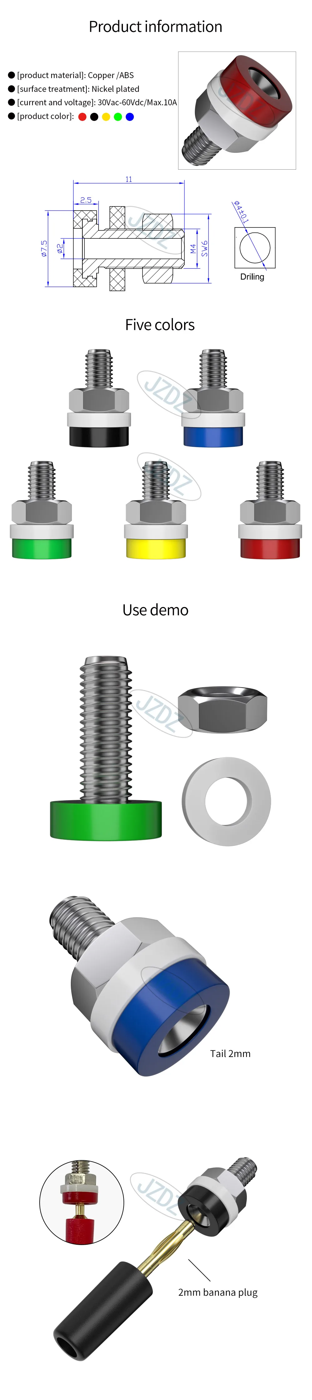 JZDZ 10 stücke 2 MM Bananen Buchse Binding Post Mutter Bananen Stecker Jack Elektrische Stecker Terminal Test Loch DIY Teile J.40001 – Detail 1