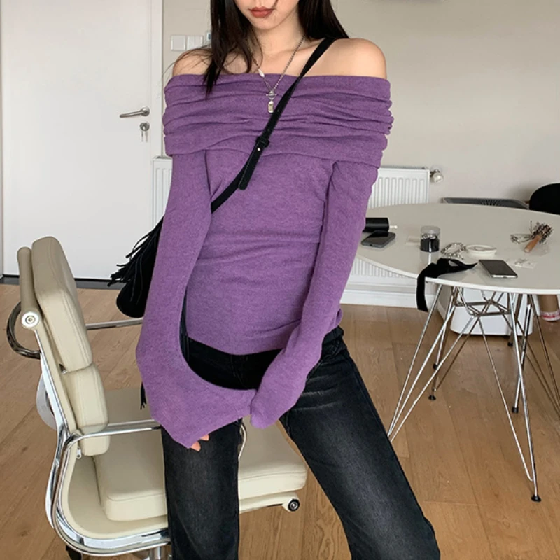 

Весенне-осенний пикантный облегающий вязаный свитер на одно плечо, Женская корейская мода Y2k, рубашки с длинным рукавом, трикотажная одежда без бретелек, топы, пуловеры