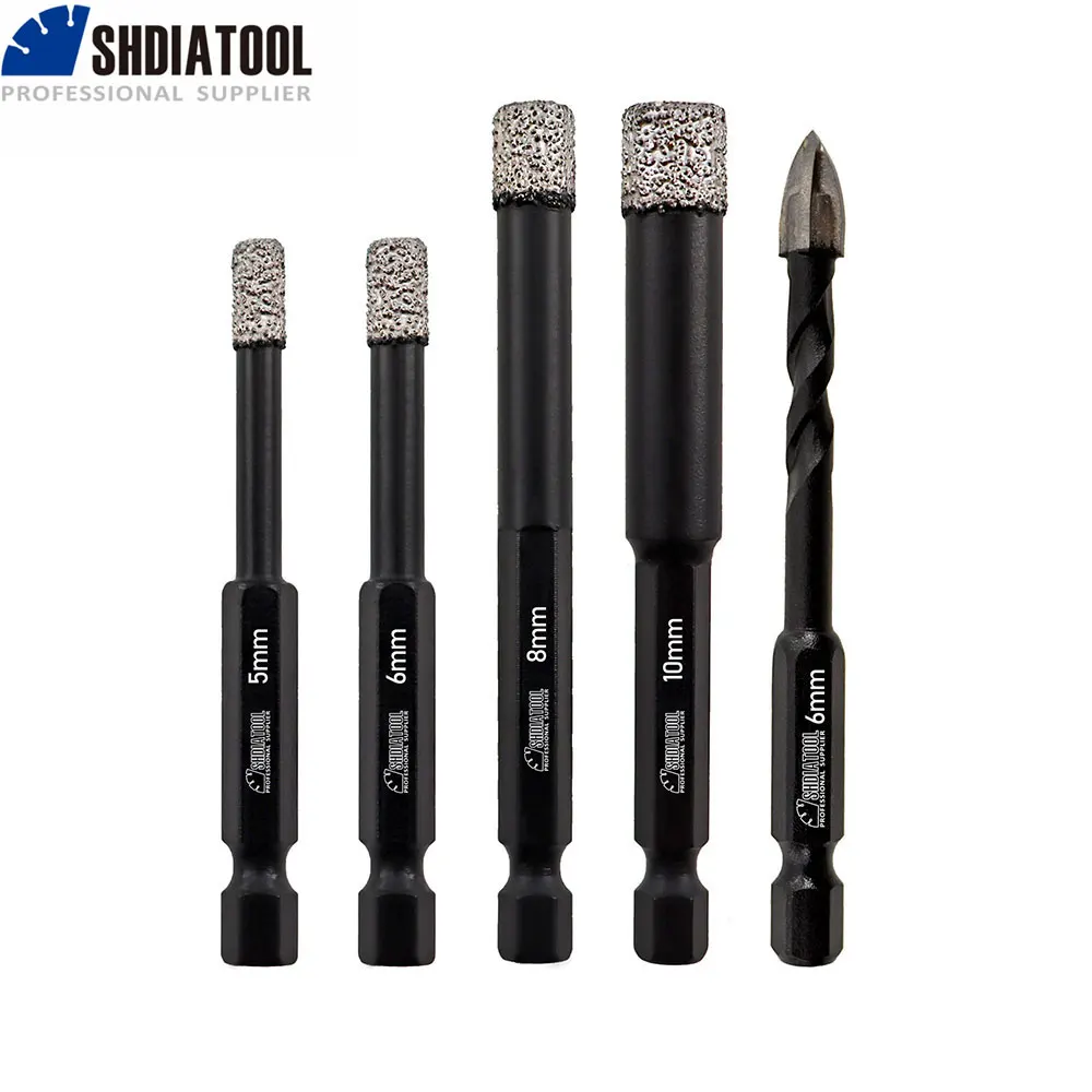 

SHDIATOOL Diamond 5/6/8/10MM Dry Drilling Bits Quick-Fit Shank 6mm Carbide Porcelain Tile Marble Granite Masonry Hole Saw Cutter