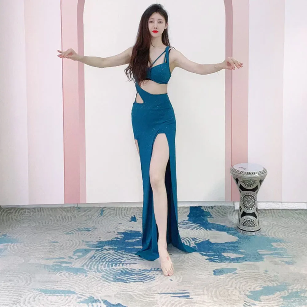 

Блестящее серебряное Восточное танцевальное платье, карнавальное платье, платье для выступления на сцене, сексуальное открытие сбоку, экзотическое платье для танца живота