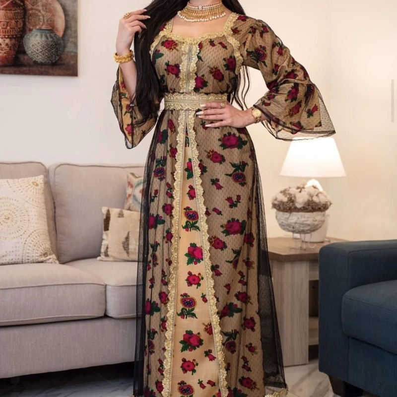 Middle East Ethnic Style Printed Embroidery Lace Mesh Dress Dubai Muslim Women abayat  abayas for women  prom dress