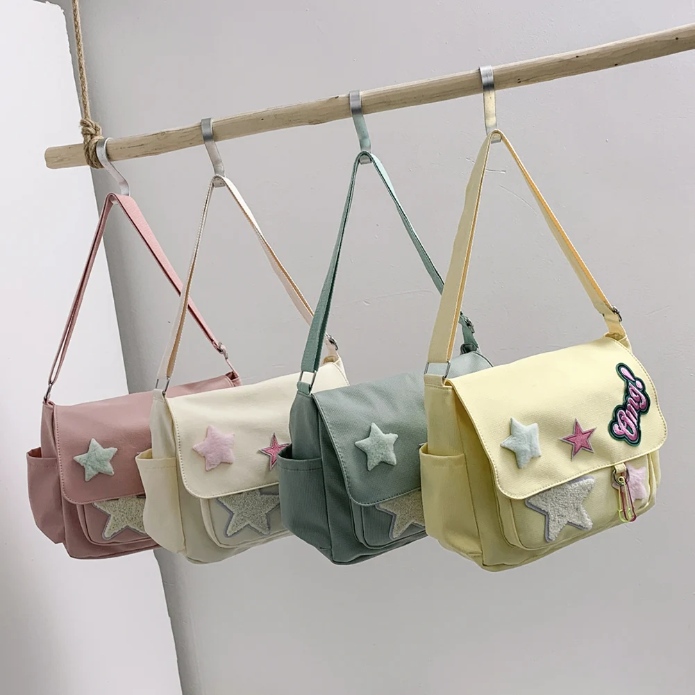여성용 카와이 크로스 바디 백, 대용량 캔버스 심플 북 백, 스타 레터 아플리케 캔디 컬러, 레저 여행 야외 가방