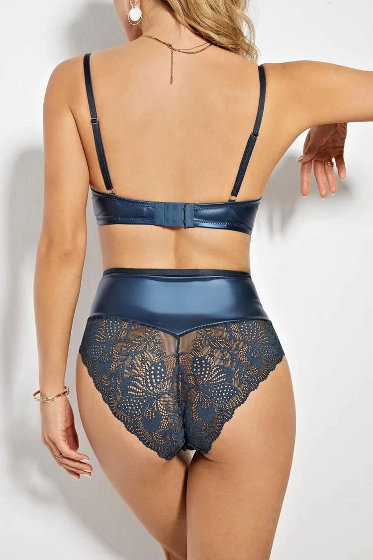 Sexy Woman Bra Set  Thin Padded Cup Synthetic Leather Hollow-out High-rise Panties Underwire Lingerie Women Dotey Popsy