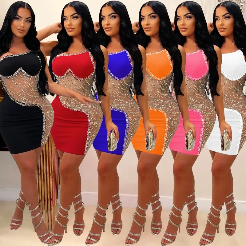 

Pearls Diamonds Sheer Mesh Patchwork Bodycon Mini Party Dress Women Sexy Straps Inclined Shoulder Sleeveless Slim Clubwear