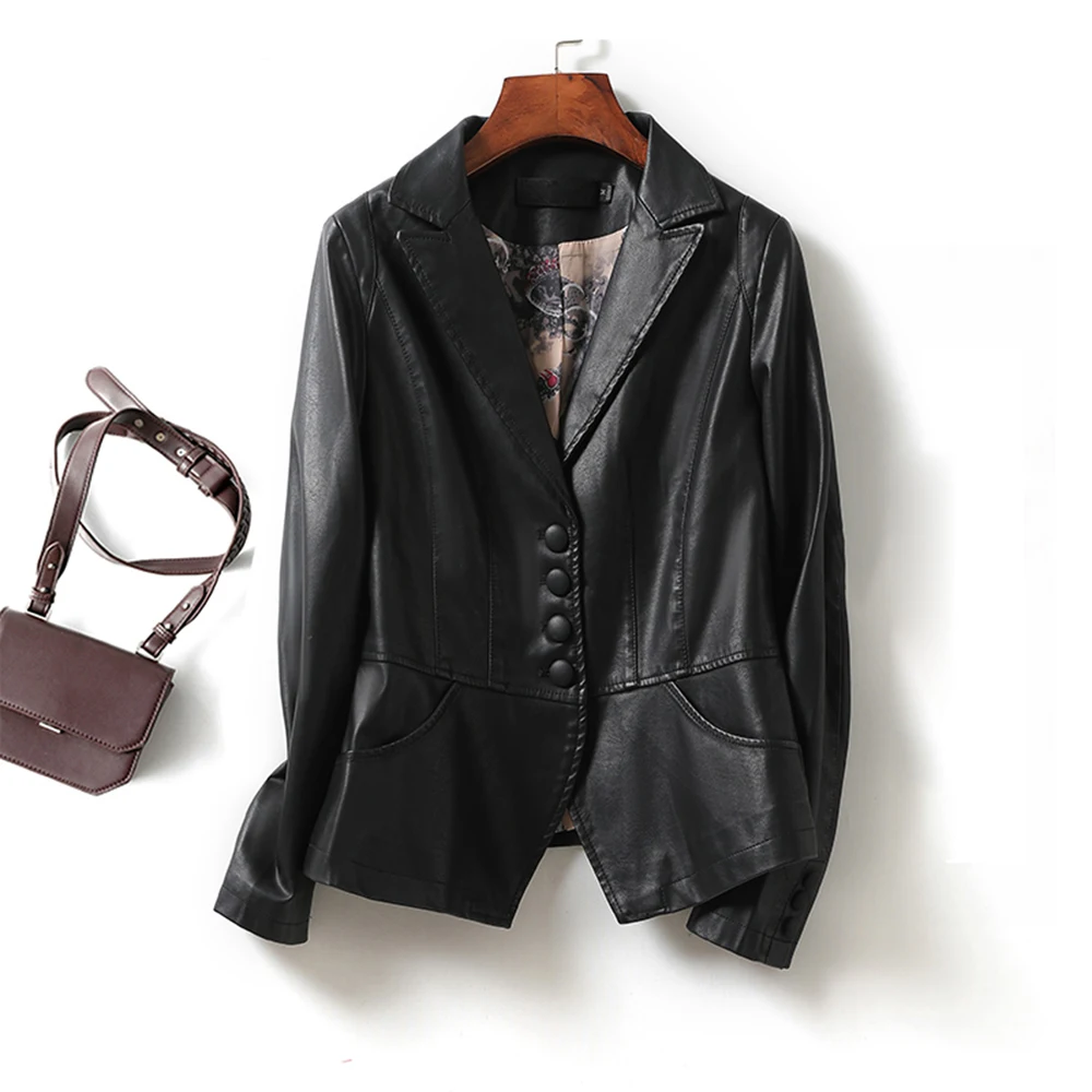 New Women Leather Blazer Spring Autumn Fashion Suit Collar Long Sleeve Slim Sheepskin Jacket Short Split-Leather Tops Coat