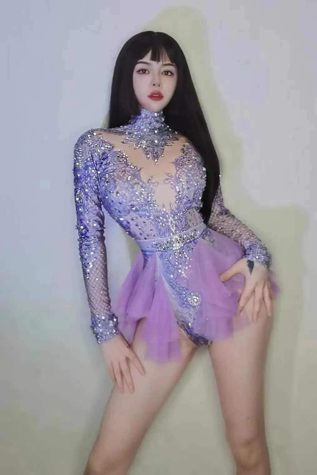 

Pink Bodysuits For Women Rhinestone Long Sleeve Mesh Jumpsuits 2022 One Size Dance Stage Wear Drag Queen Outfit