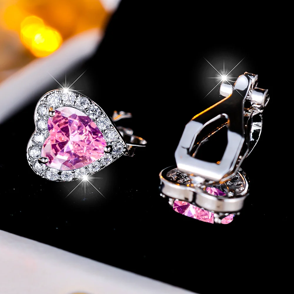 Cute Female Zircon Stone Heart Clip Earrings Vintage Silver For Women