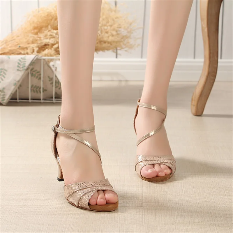 NATASHA Fish Mouth Latin Dance Shoes for Women Adult Soft Sole Gold Leather Middle Heel 6cm Professional Square Social Dance Dan