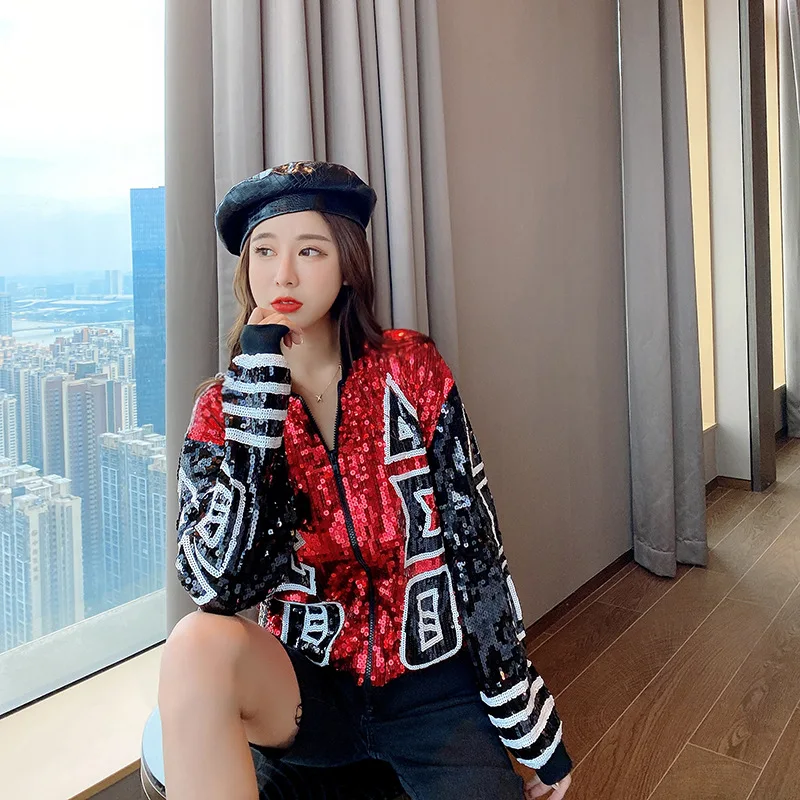 

Women Fashion Casual Hip Hop Outerwear Streetwear Spring Autumn Print Letter Sequins Patchwork Color Zipper Long Sleeve Jacket