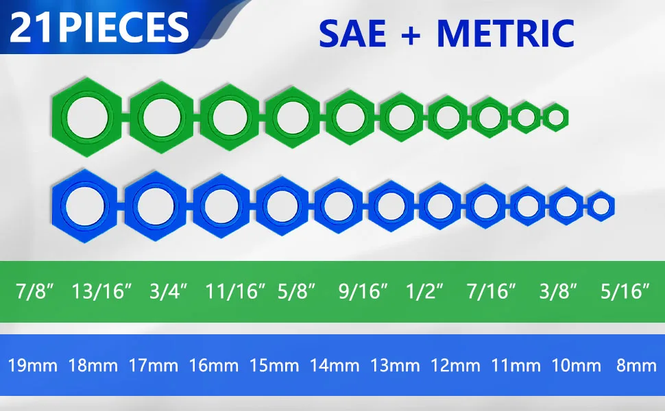 21-teiliges Magnetisches Steckschlüssel-Einsatzwerkzeug-Set SAE und Metrisch, 5/16-7/8 Zoll, 8mm-19mm, Verschiedene Farben Sechskant-Profil-Werkzeugset – Detail 2