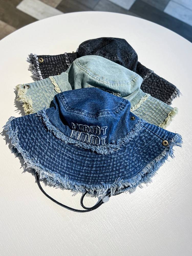 Letter Frayed Washed Jean Fisherman Hat Women's Spring Summer
