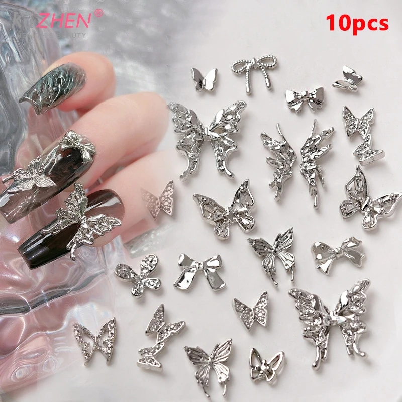 

10PCS Luxury 3D Silver Alloy Bow Tie Knot Ribbon Butterfly Wings Metal Nail Art RhinestonesNail Art Decoration Manicure Charms