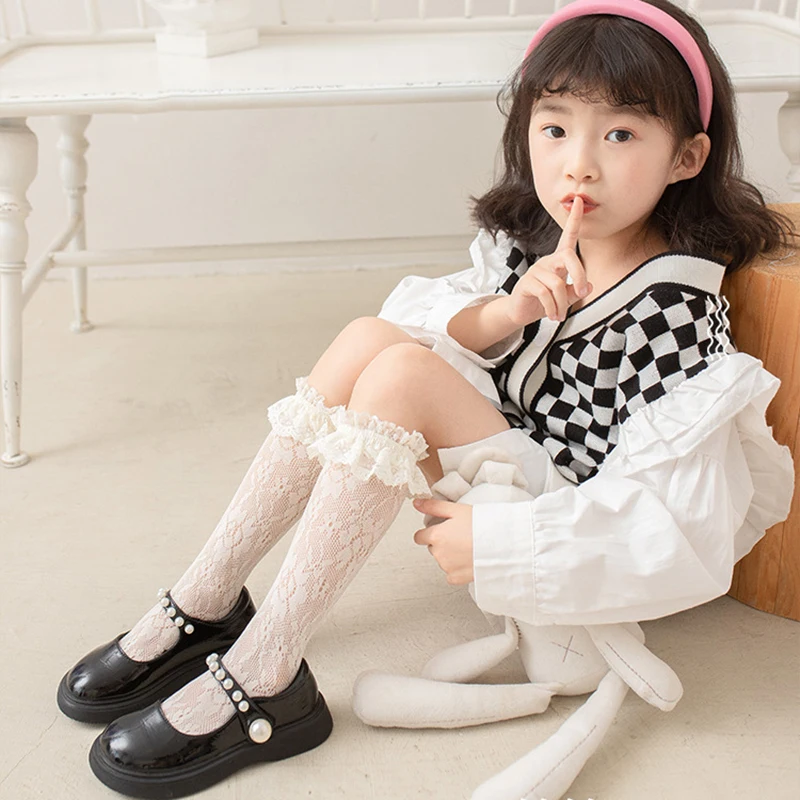 Summer Thin Lace Mesh JK Lolita Frilly Stockings Cute Mother Kids Ruffle White Black Knee High Long Socks for Girls Children