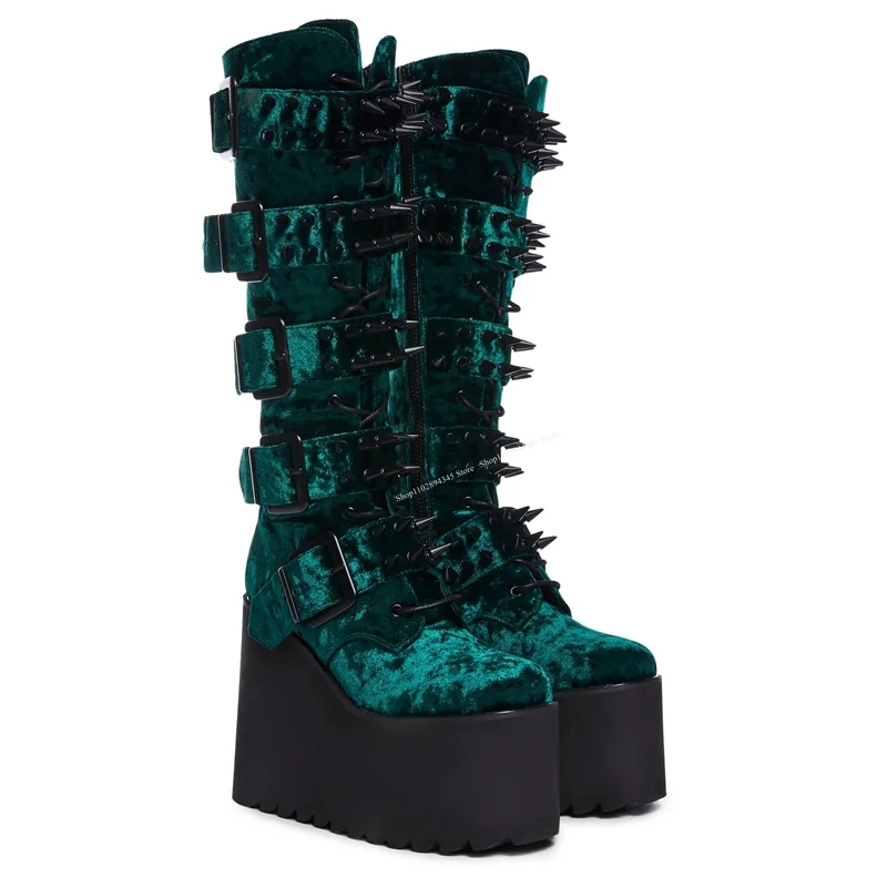 

Green Wedge Platform Rivet Knee High Boots Buckle Fashionable Sexy 2023 Summer Casual Big Size Woman Shoes Zapatillas Mujer