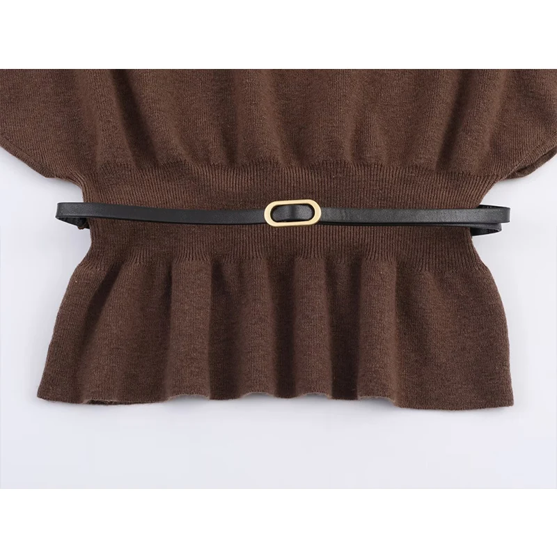 Women's Elegant Knitted Sweater Women Short Sleeve Striped Pullover 2025 Autumn New Fashion Casual Loose O-Neck Knitwear Tops