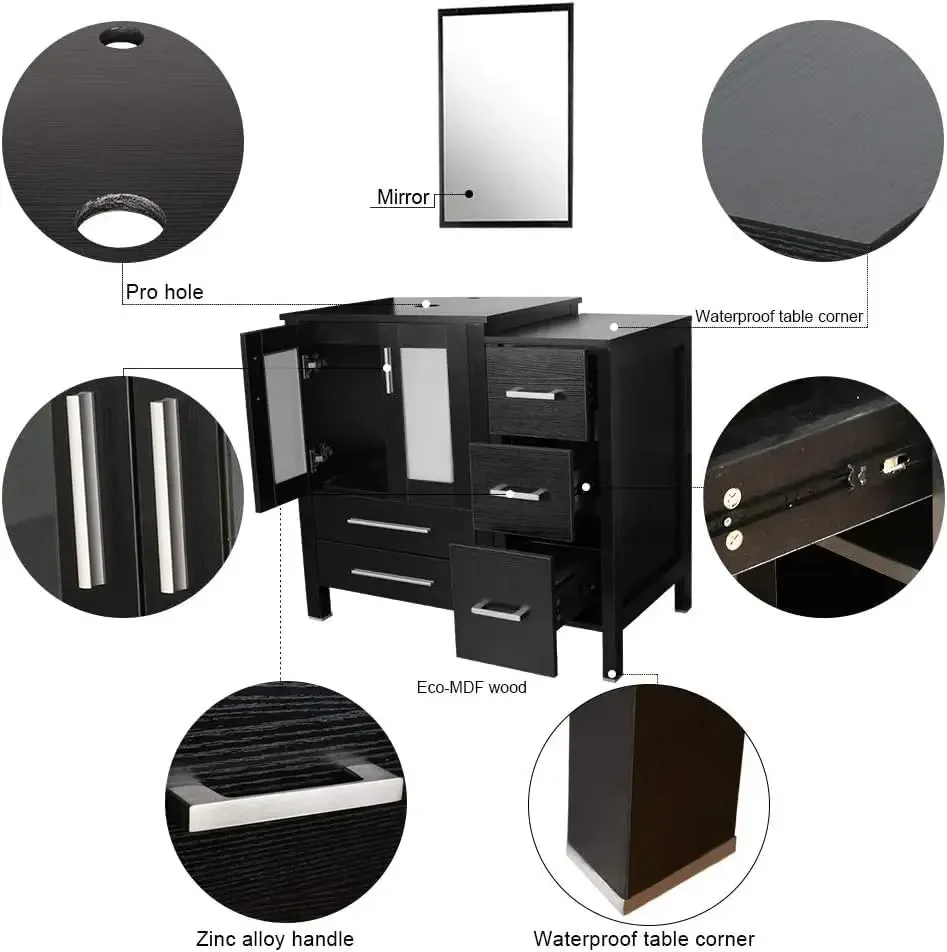 Double Vanity(2 * 24 Vanity 2* Porcelain Vessel Sink Combo(Square) 1 * 12" Side Cabinets) Double Bathroom Vanity Top 5
