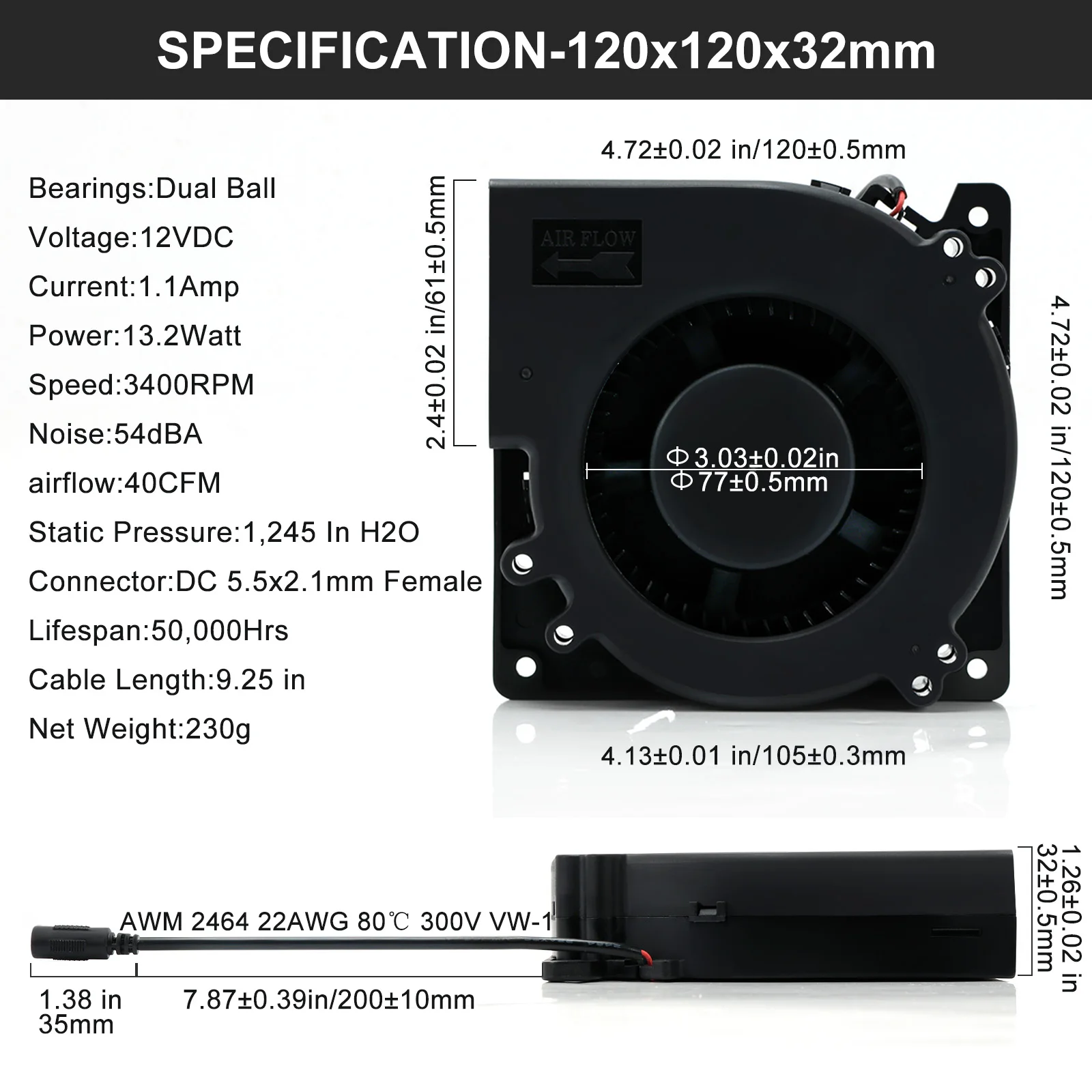송풍기 고속 CFM 12032 볼 베어링 원심 냉각 팬, AC 100V 220V 속도 컨트롤러 포함, 120mm, 12V, 120x120x32mm