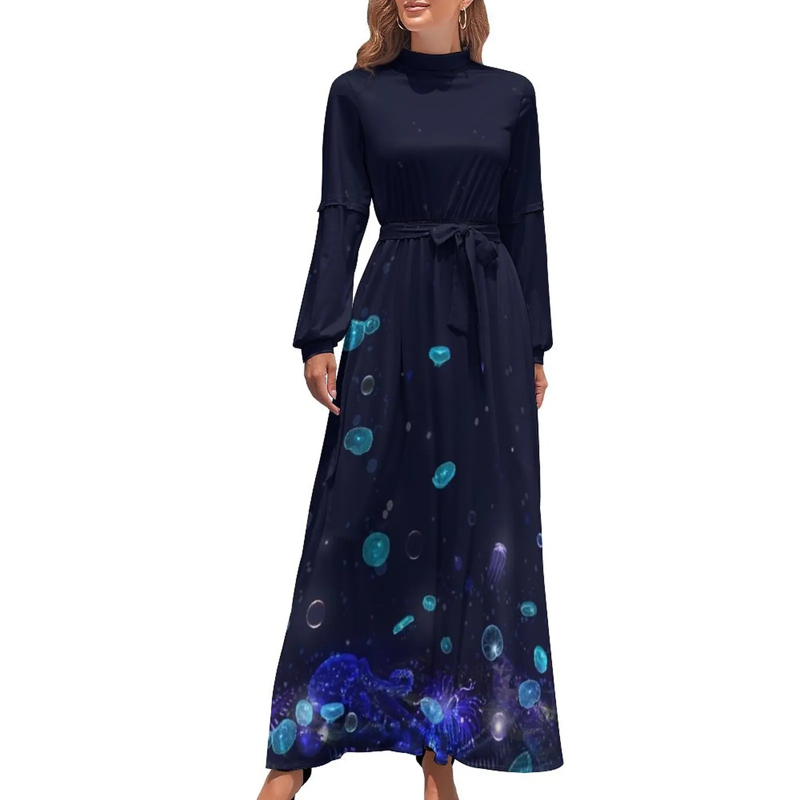 Vestido largo luminiscente de aguas profundas vestidos para mujer ropa para mujer vestidos con mangas largas vestido estilo coreano