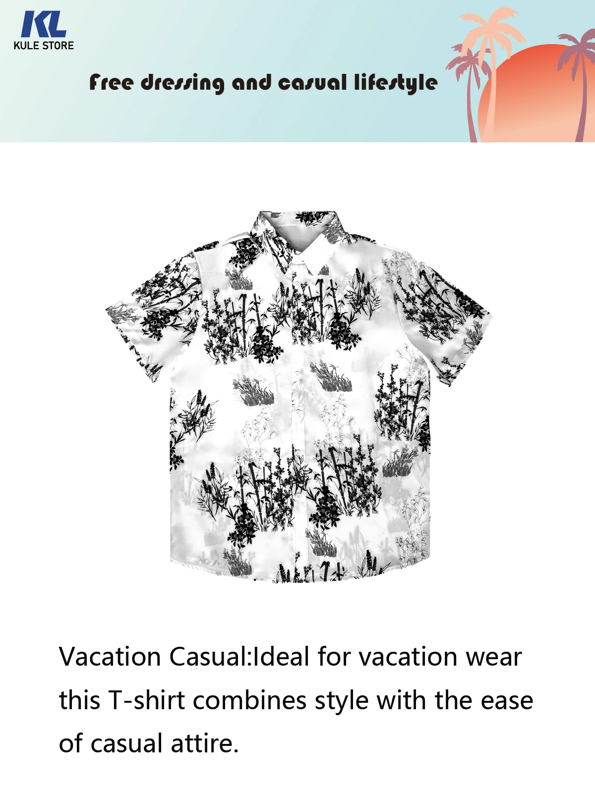 Men's Casual Collared Short Sleeve Floral Shirt Tropical Fashionable Ink Wash Bamboo Printed Top