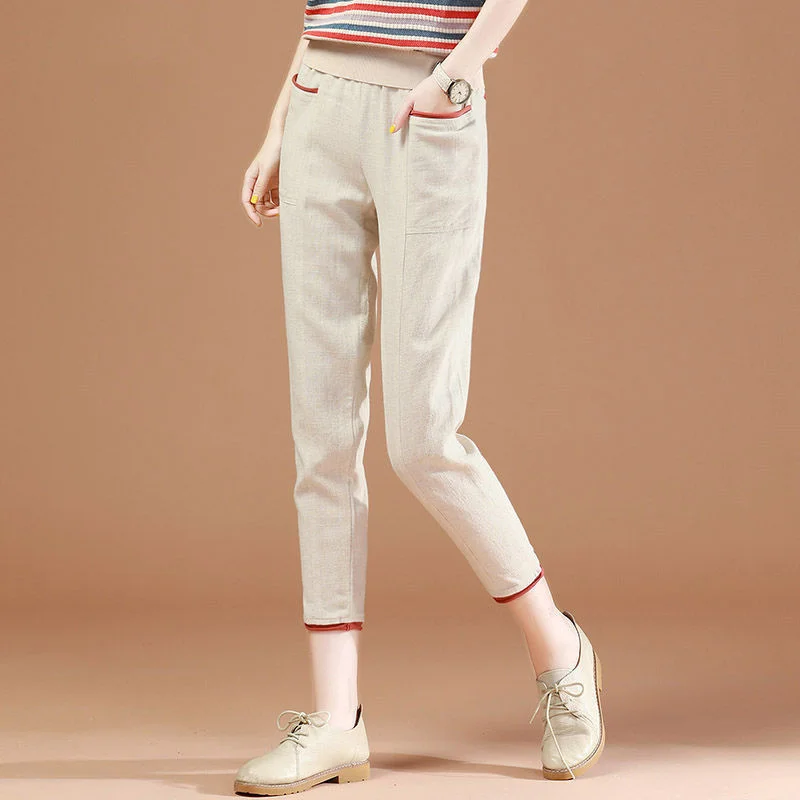 Women Summer Vintage High Waist Pants Capris Woman Korean Fashion Loose All-match Calf-length Harem Pants Pantalon