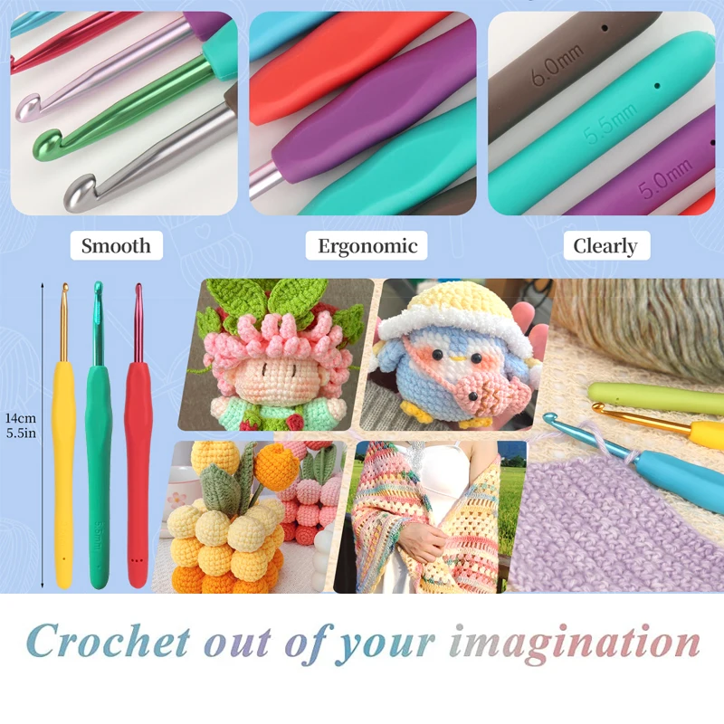 9가지 사이즈의 코바늘 세트(2.0-6.0mm) - 뜨개질, 스티치 마커, 초보자용 코바늘, DIY 프로젝트 및 공예 애호가를 위한 세트