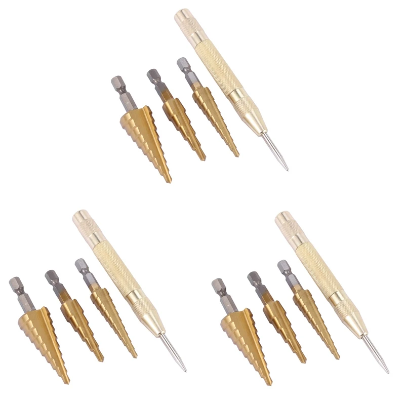 

9 Pcs HSS Titanium Step Drill Bit Set & 3 Pcs Automatic Center Punch