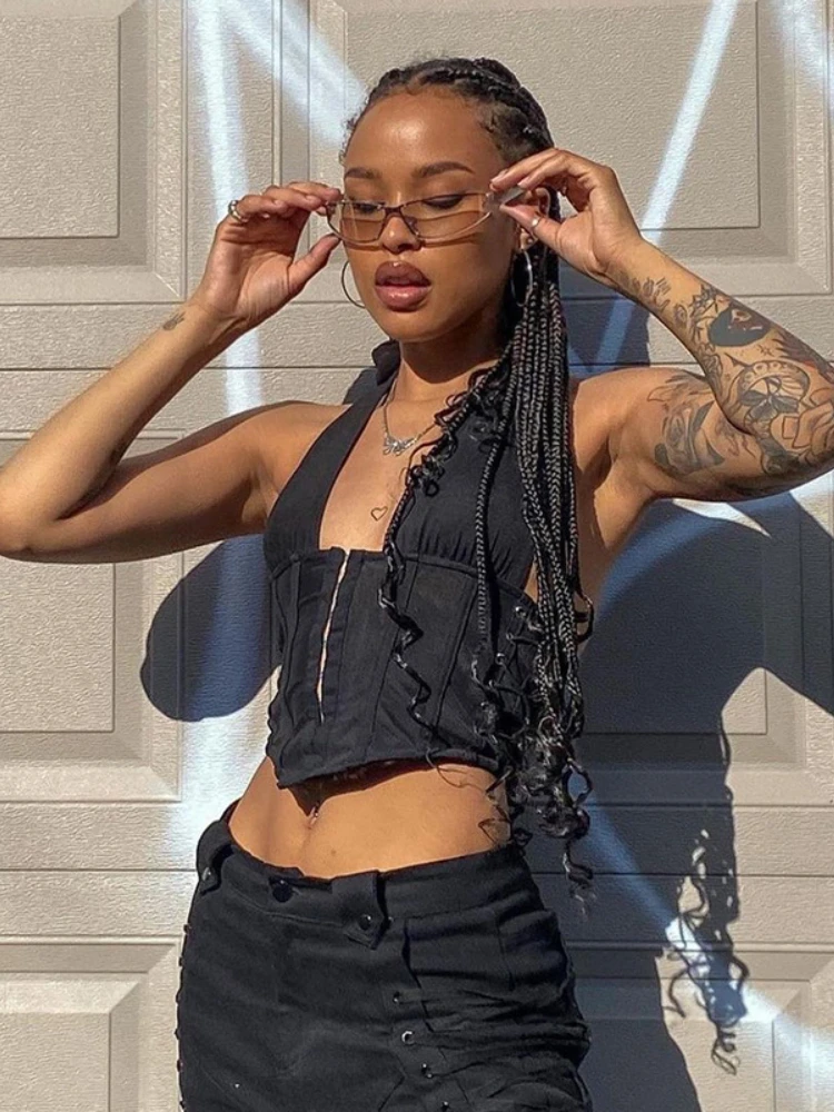 

Zipper Corset Woman Top Halter Fashion Crop Top Backless 2000s Clothes Y2k Gyaru Sexy Rave Punk Music Festival Outfits for Women