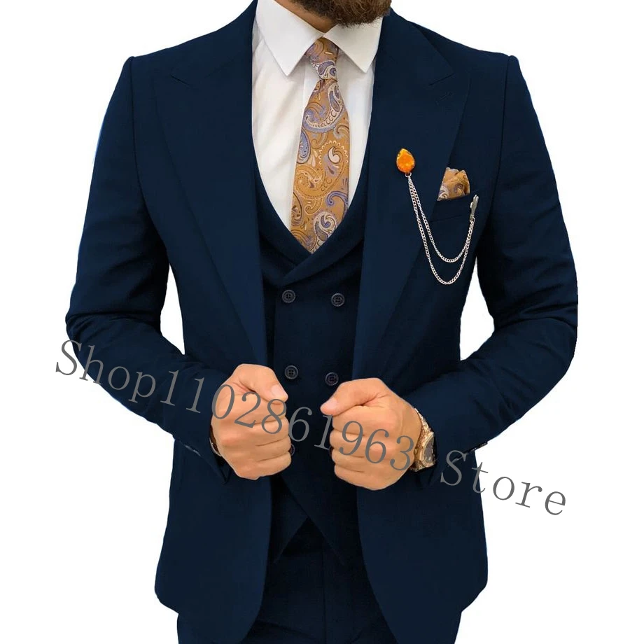 Royal Blue Male Suits Slim Fit 3 Pieces Formal Men Suits Groomsmen Wedding Tuxedos Blazer+Vest+Pants Costume Homme Mariage