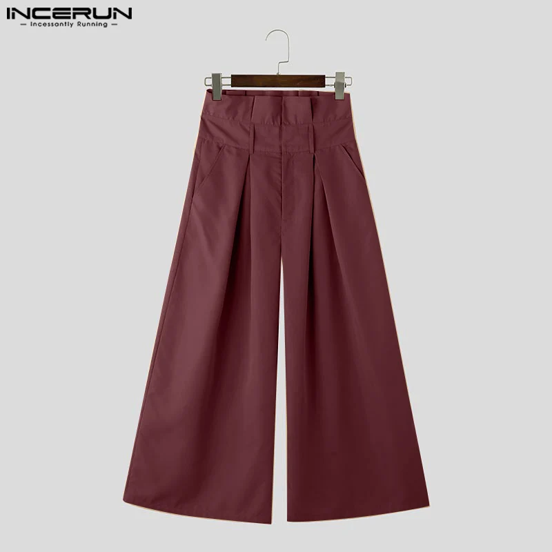 INCERUN Pleated Waist Design Wide Leg Pants Handsome Solid Color Trousers High Waist Simple Loose Oversized Male Bottoms 5