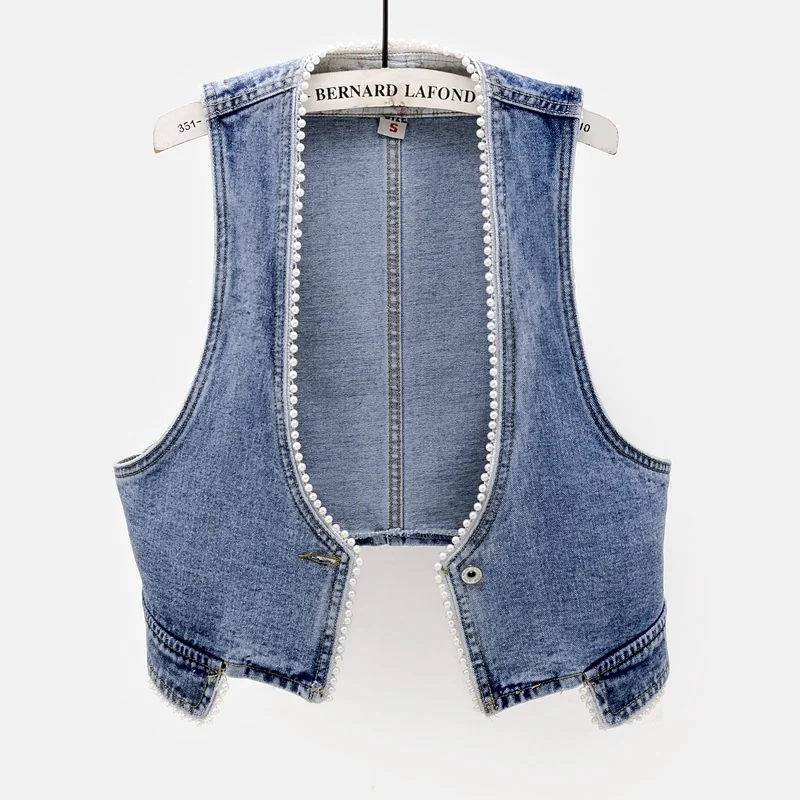 

2023 Spring Summer New Women's Denim Vest Beaded Sleeveless Jacket Cowgirl Vests Slim Jeans Jackets Female Outerwear