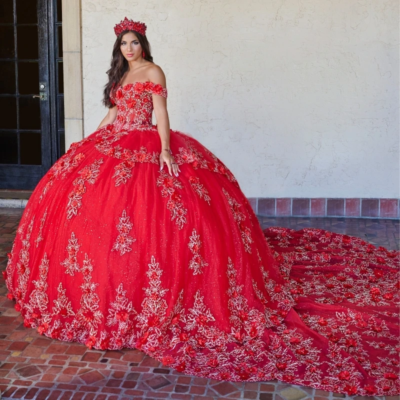 

Red Princess Quinceanera Dresses Flower Applique Beads Tull Ball Gown Sweet 16 Dress Vestidos De 15 Anos Quinceañera Pageant