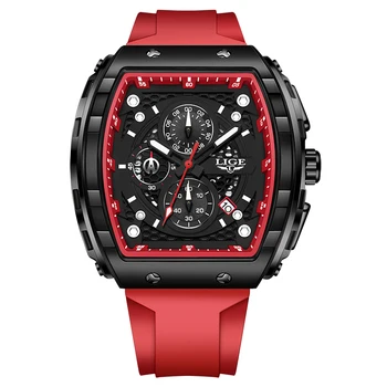 LIGE Top Brand Men’s Luxury Square Quartz Wristwatch — Waterproof, Luminous, Chronograph with Date Display- Red