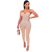 

Sexy See Through Mesh Studded Diamonds Bodycon Backless Straps Sleeveless Bodysuits Women 2022 Skinny Party Club Long Jumpsuits