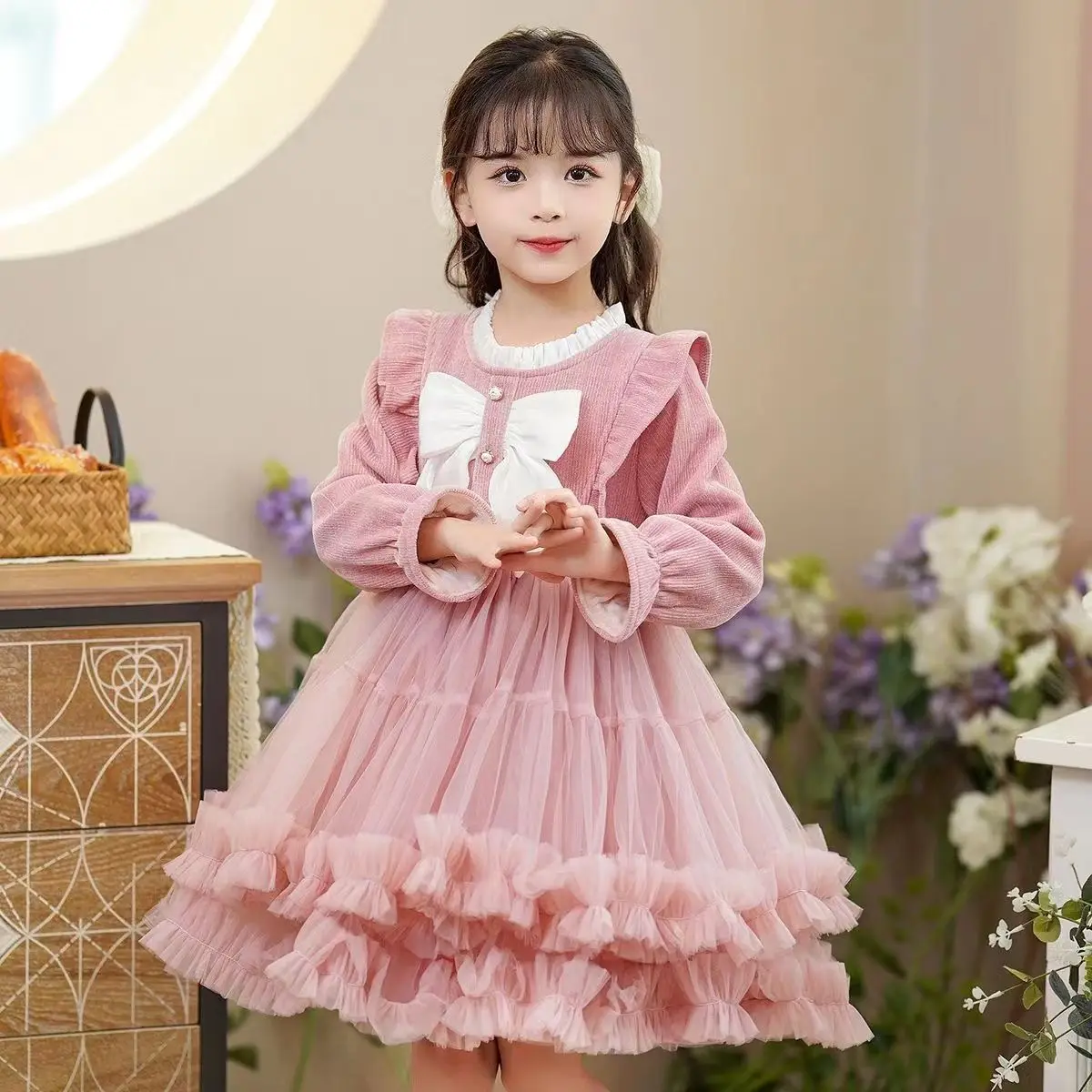Herbst Winter koreanische Harajuku süße Mädchen Prinzessin Kleid Kawaii Bogen Party kleid Langarm Ballkleid feste Kinder kleidung – Detail 6