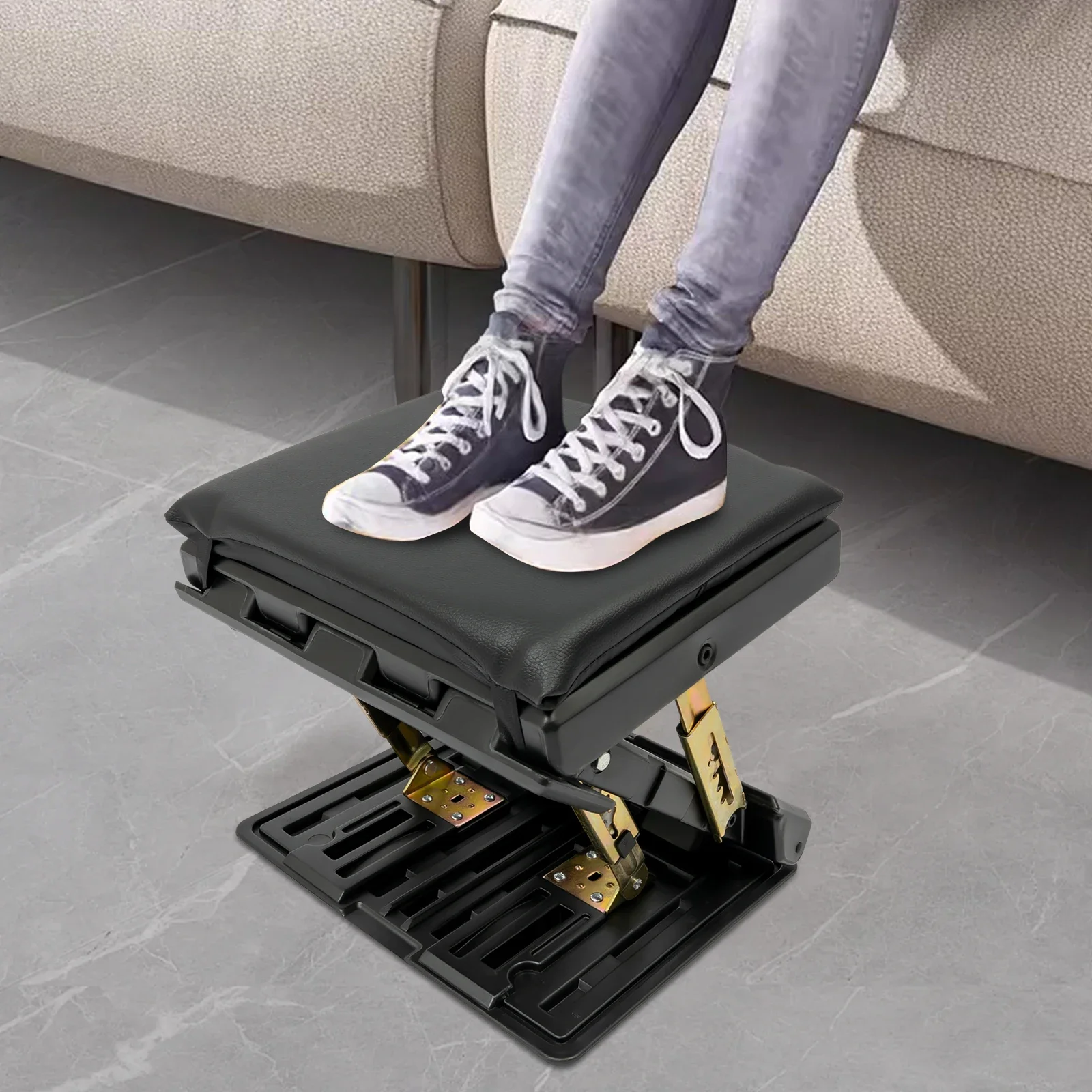 Black Ergonomic Foldable Footrest w/ Adjustable Angle, Under-Desk Stool for Office/Home/Car/Train Use, Supports Up to 176.3 lbs