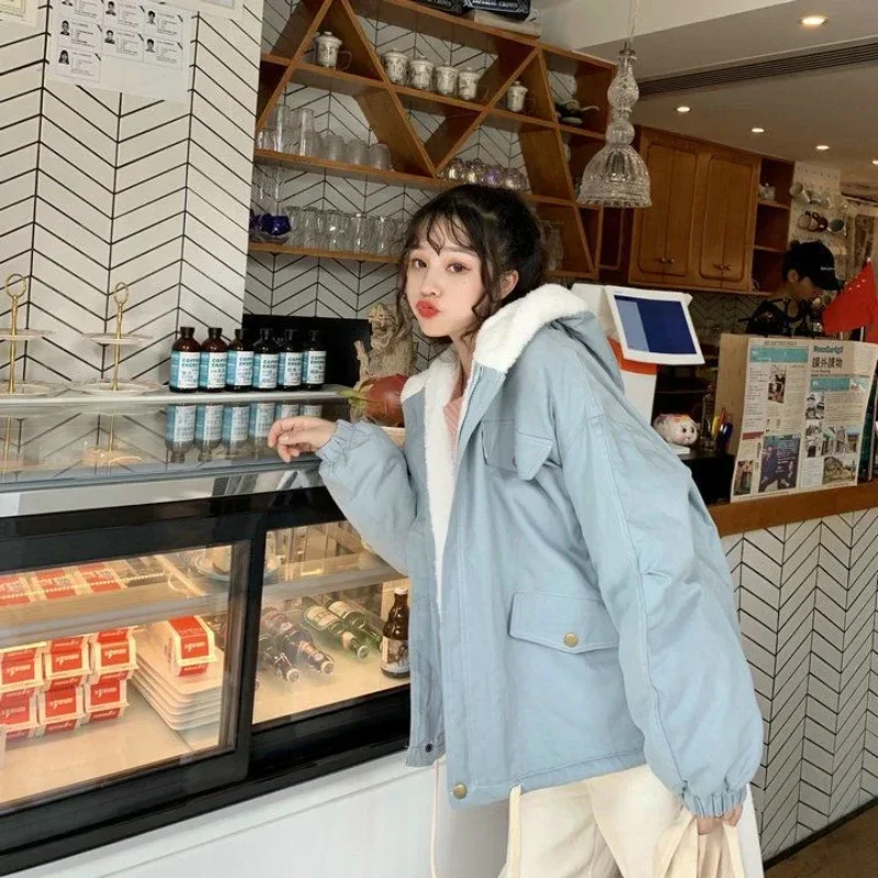 

Куртки для женщин, плюшевое синее Женское пальто с капюшоном, стеганая флисовая подкладка на молнии, модная толстая подкладка, зима 2023, бесплатная доставка, холодная