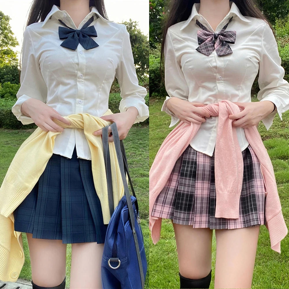 Japanese School Uniform Girl Jk Shirt 3Pc Set Various Styles Long&short Sleeve Plaid Pleated Skirt with Bow Graduation Costumes