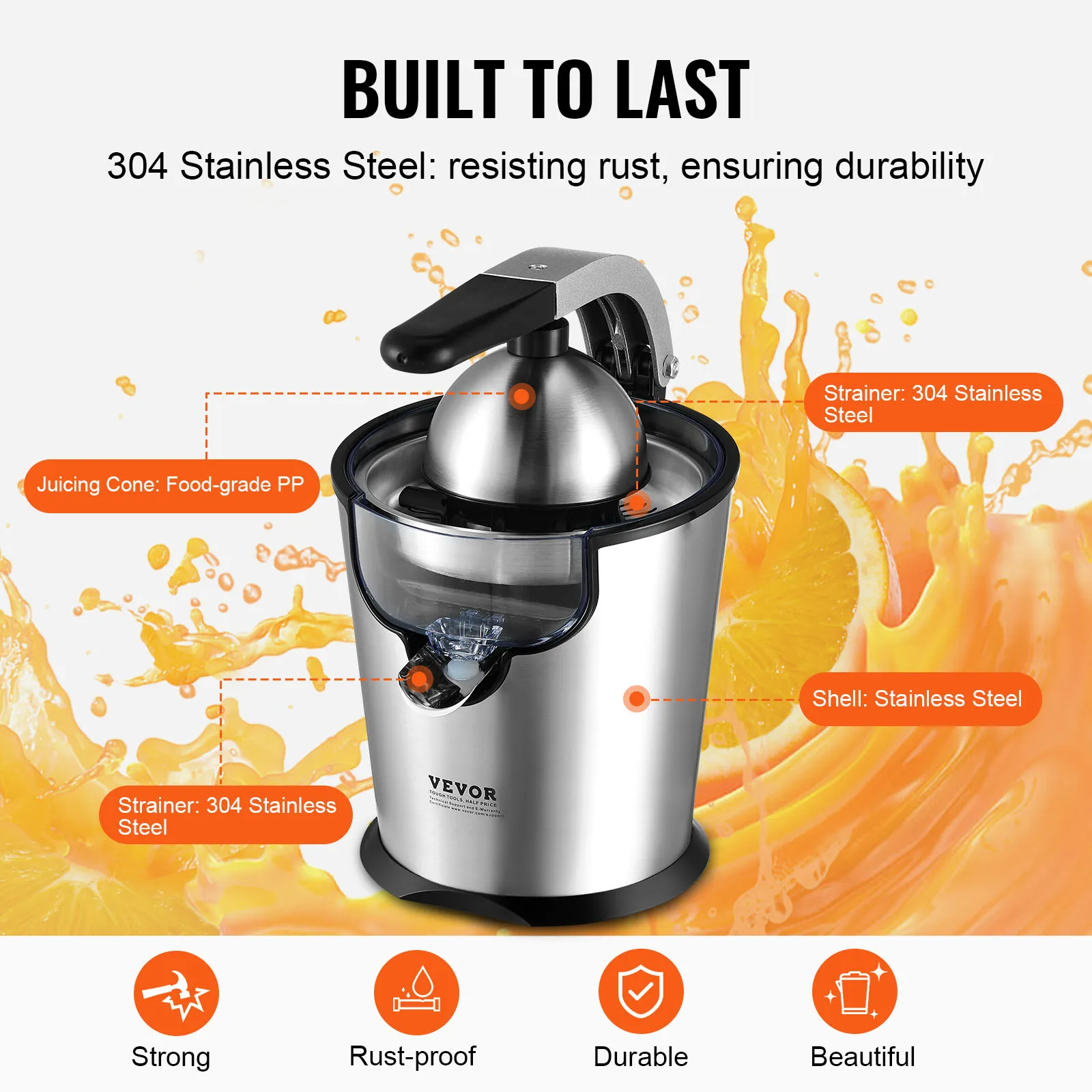 VEVOR Electric Citrus Juicer Orange Juice Squeezer with Two Size Juicing Cones 300W Orange Juice Maker with Soft Grip Handle  5