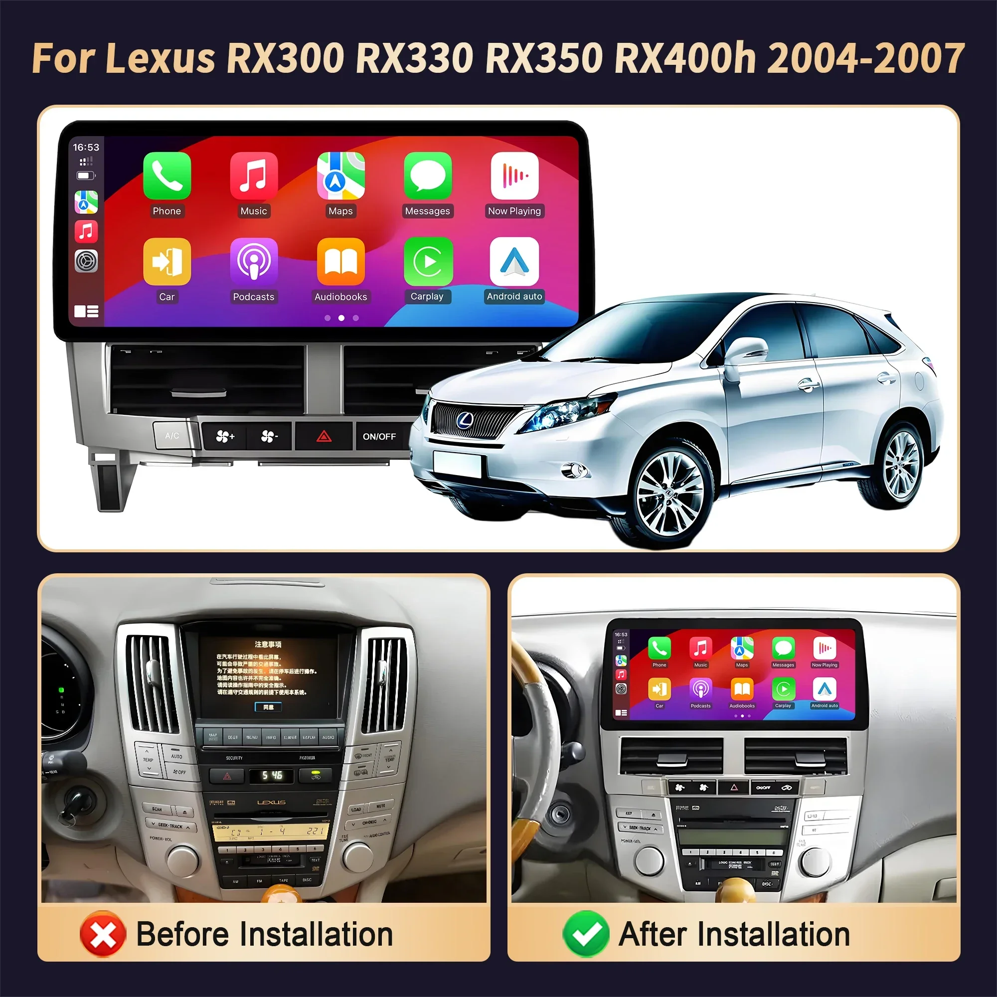 Radio para Auto de 12.3 Pulgadas para Lexus RX300 RX330 RX350 RX400h 2004-2007, Android 15, BT, Carplay, Navegación Multimedia, Pantalla de Unidad Principal 2