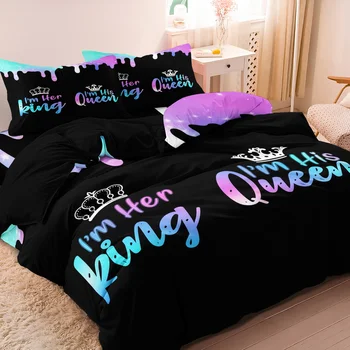 3Pcs King Queen Crown Letter Print Bedding Set Included 1 Duvet Cover & 2 Pillowcases For All-Season Home Hotel Dorm Decorative 1
