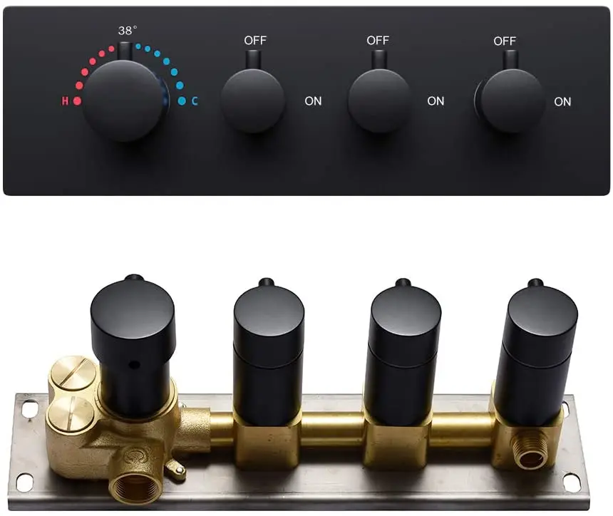 

Brass Thermostatic Shower Valve 3 Functions Control Diverter Matte Black Shower Mixer Valve