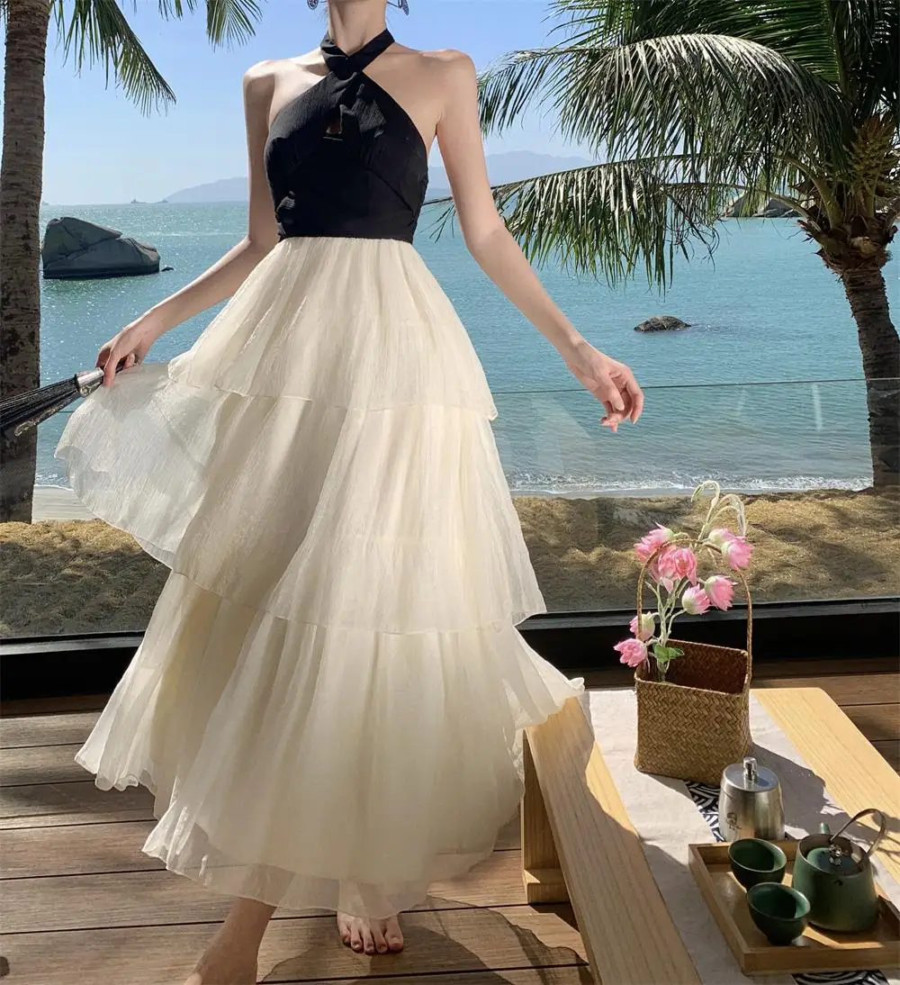 Elegant Patchwork Ruffles Cake Dresses for Women Halter Sleeveless Backless Evening Party Dress Prom A-line One Piece Vestido