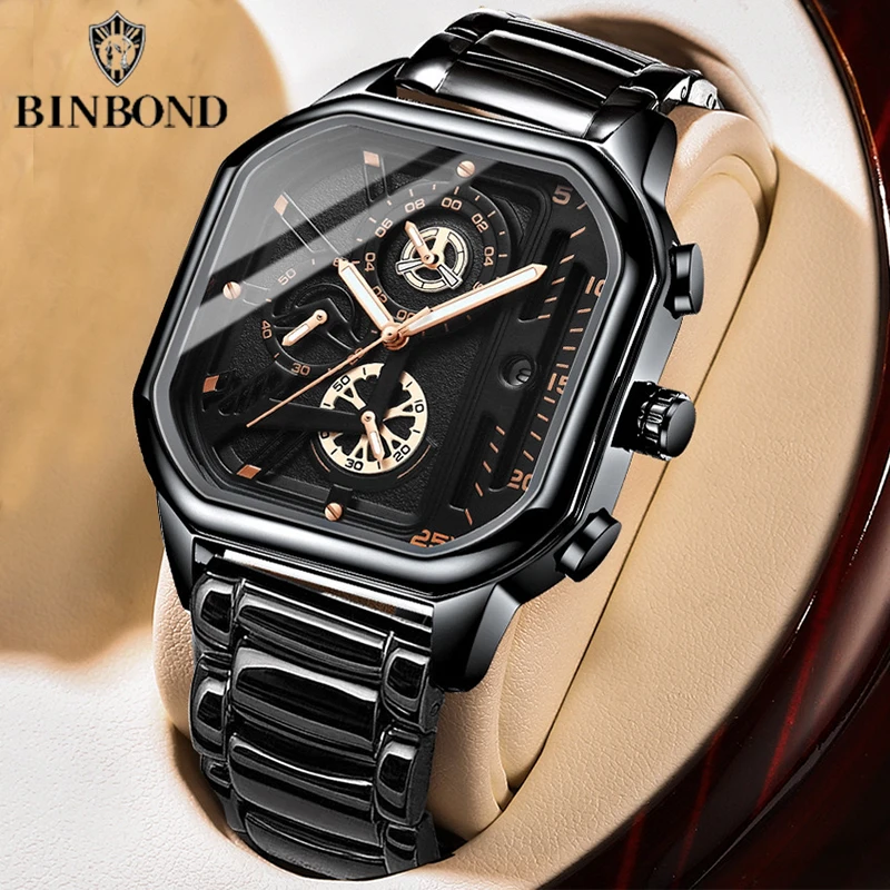 

Top Brand New BINBOND B6577 Fashion Luxury Business Men Watches Stainless Steel Military Men Watch Date Luminous Quartz Watch